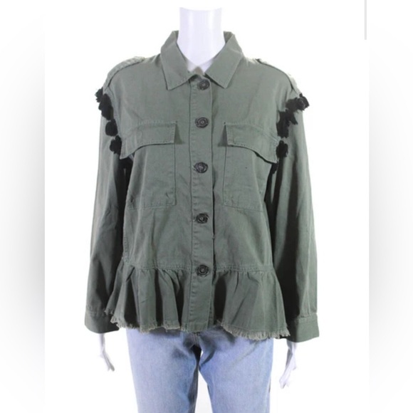 Zara Women's Collar Long Sleeves Button Up Tassel Jacket Olive Green - Picture 3 of 12